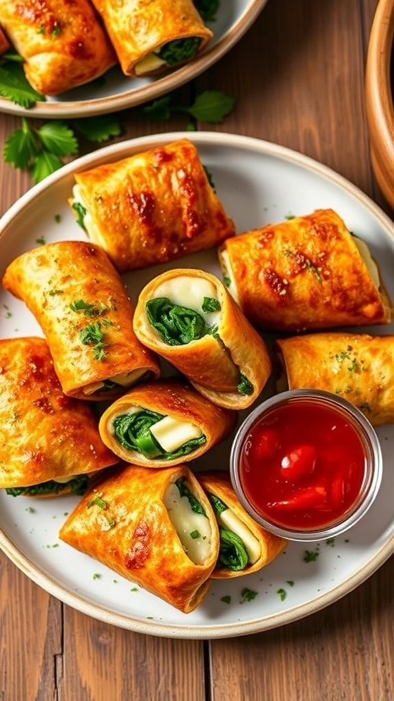 Crispy Air Fryer Chicken Roll-Ups Recipe Crispy air fryer chicken roll-ups filled with cheese and spinach, served with marinara sauce on a rustic table.